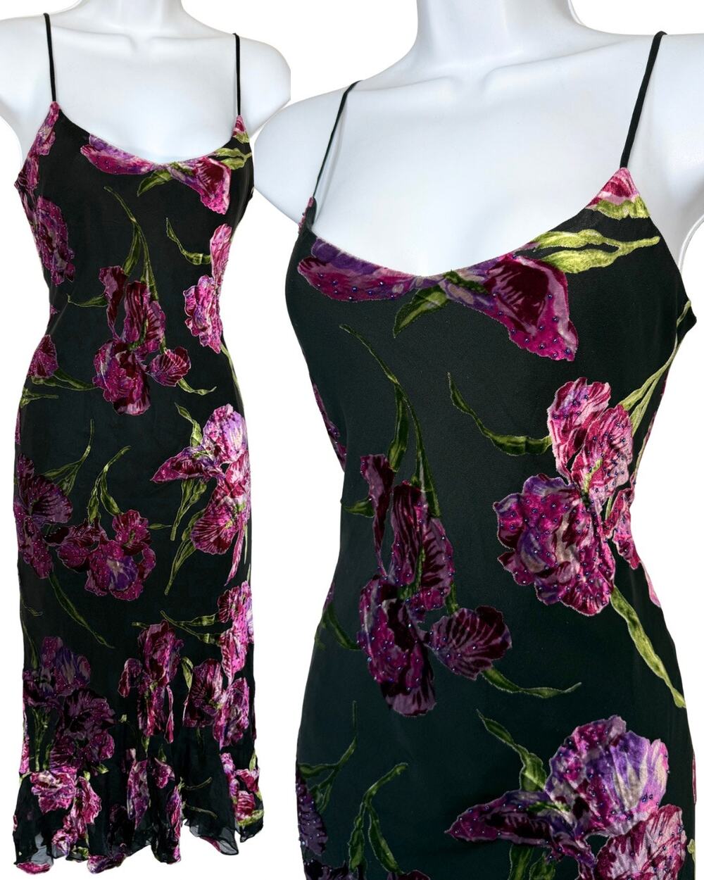 Vintage Sue Wong Floral Velvet Burnout Midi Slip Dress 6 Black Ruffle Beaded Y2K